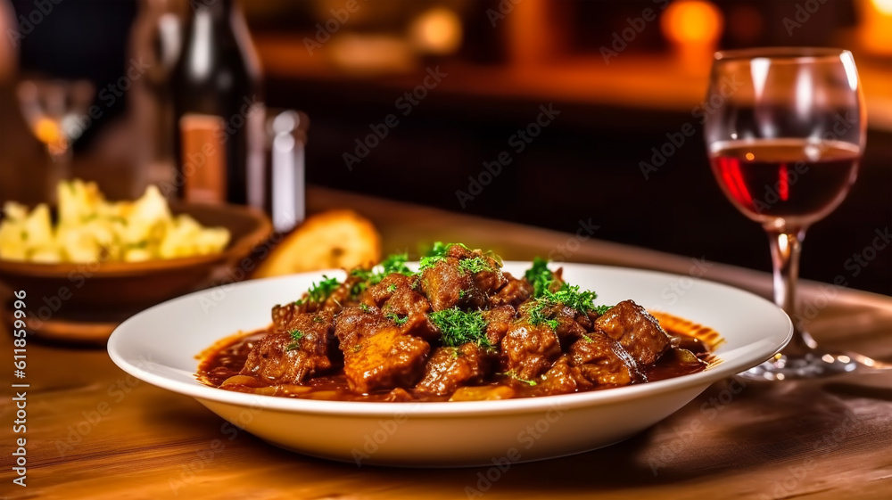 Traditional beef goulash with sauce, potatoes and wine, healthy eating, Austrian cuisine Traditional beef goulash with sauce, potatoes and wine, healthy eating, Austrian cuisine