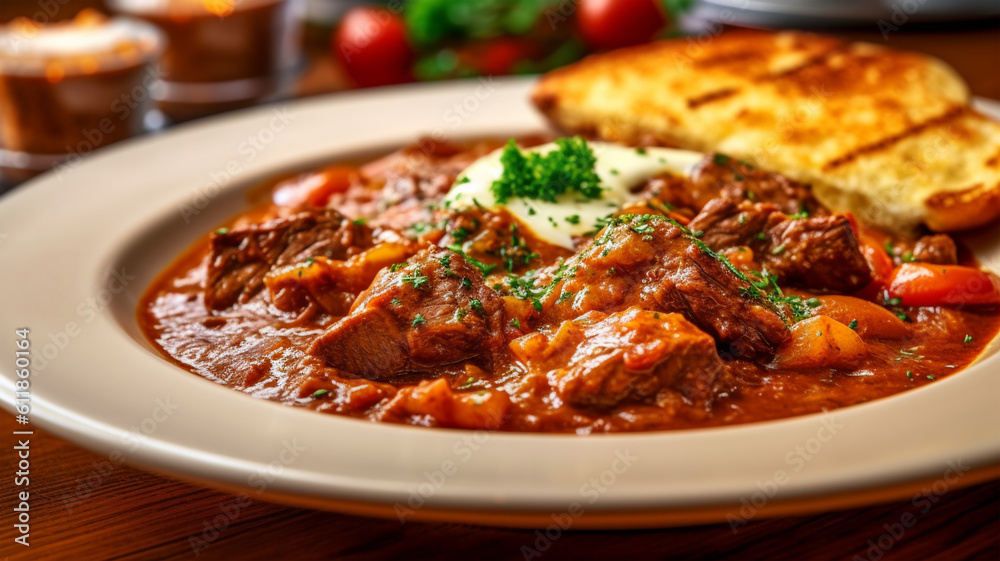 Traditional beef goulash with sauce and potatoes with toast, healthy eating, Austrian cuisine Traditional beef goulash with sauce and potatoes with toast, healthy eating, Austrian cuisine