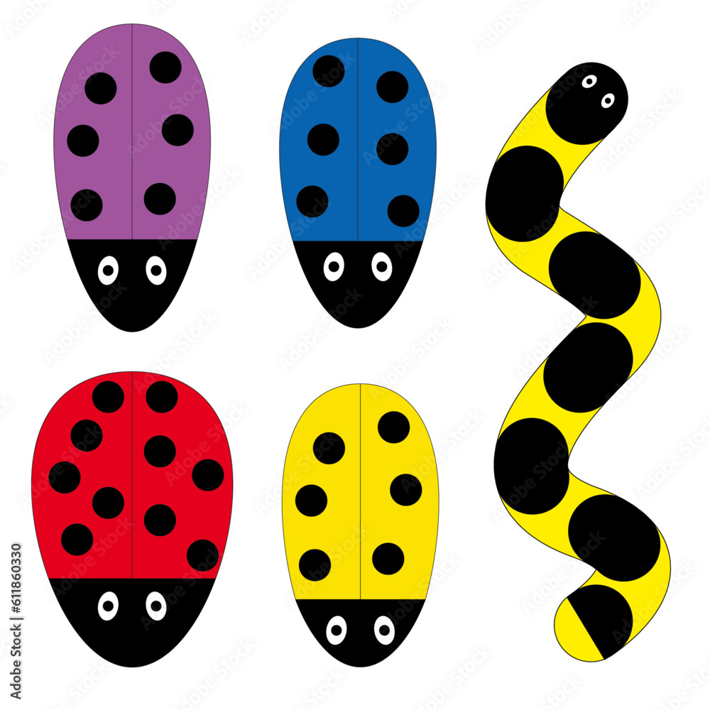A set of colorful bugs and a snake A set of colorful bugs and a snake