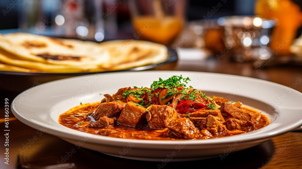 Traditional beef goulash with sauce and potatoes, Austrian cuisine Traditional beef goulash with sauce and potatoes, Austrian cuisine