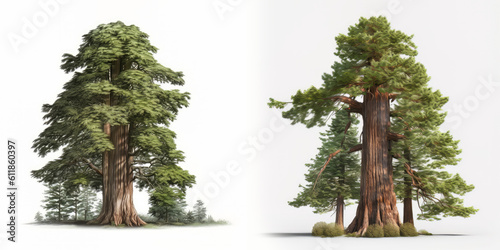 Collection of giant sequoia tree isolated on white background, Generative AI photo