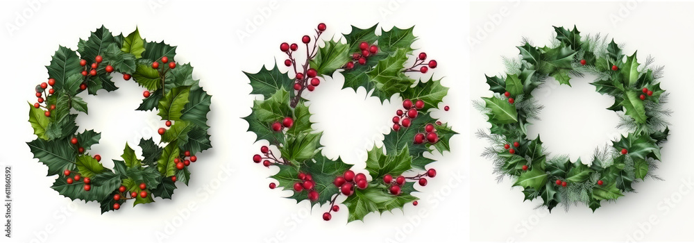 Group of floral circle frame Holly leaves isolated on white background, Generative AI Group of floral circle frame Holly leaves isolated on white background, Generative AI