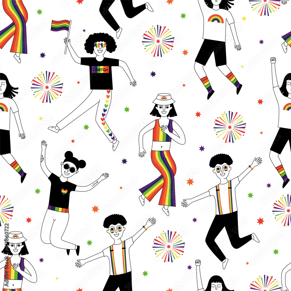 Happy people take part in the Pride Parade. Vector illustration. 