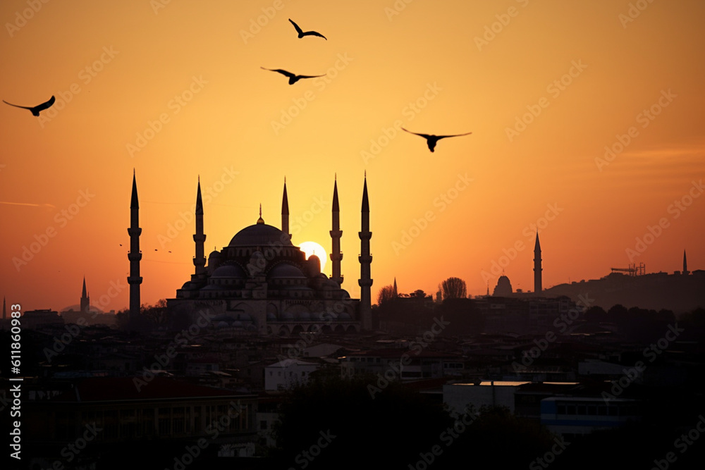 Skyline of Istanbul in silhouette at the sunset with Blue Mosque and Hagia Sophia Istanbul Turkey