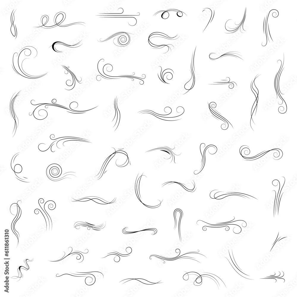 Big Set Black Collection Simple Line Winds Gust Squall Curl Doodle Outline Nature Element Vector Design Style Sketch Isolated Illustration