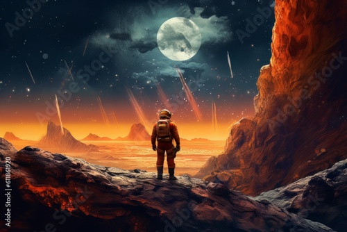 Man astronaut in a spacesuit on the surface of the planet in outer space. Ai Generative AI