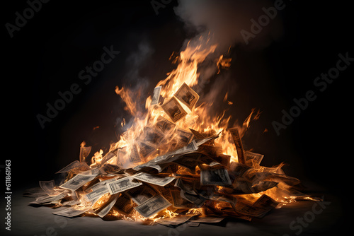 a pile of money on fire with burning - generative ai photo