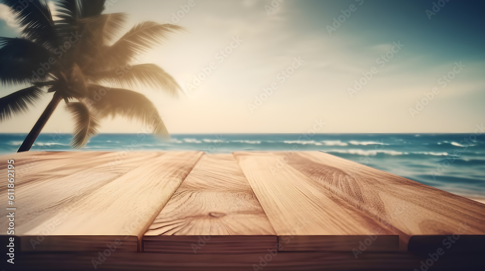 Empty wooden planks with blur beach on background, can be used for product placement, palm leaves on foreground - generative ai Empty wooden planks with blur beach on background, can be used for product placement, palm leaves on foreground - generative ai