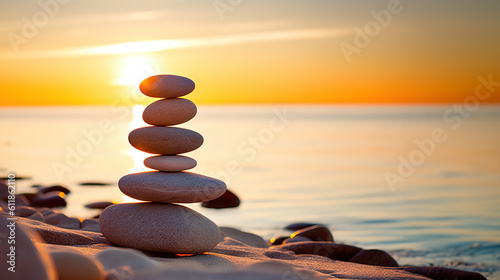 Tranquil Harmony Serene Sunrise with a Stack of Pebbles on the Beach, Symbolizing Life Balance and Peaceful Mind. created with Generative AI
