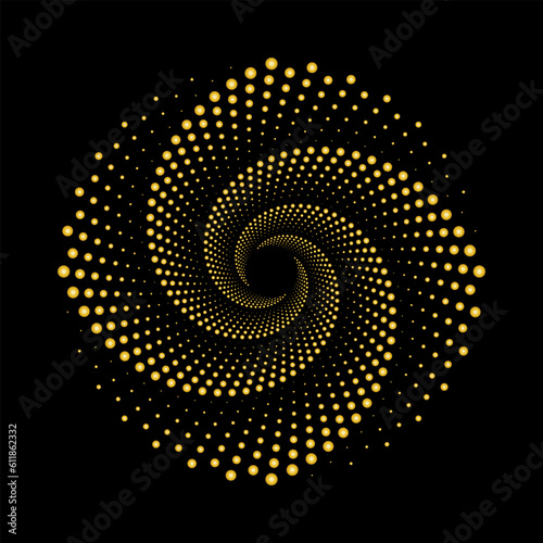Gold dots spiral vortex circle. Golden dotted swirl pattern. Vector illustration