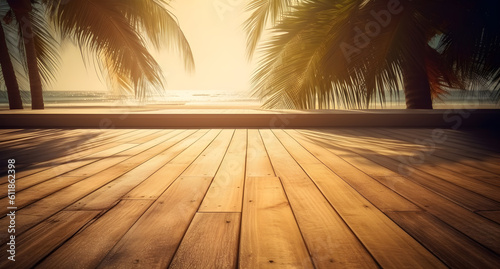 Empty wooden planks with blur beach on background  can be used for product placement  palm leaves on foreground - generative ai