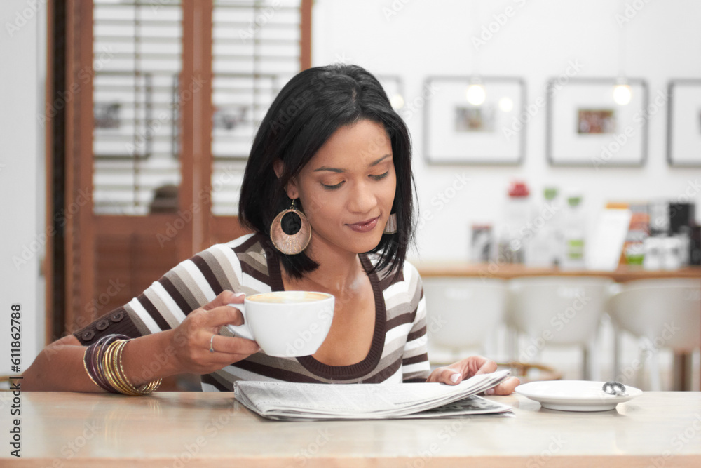 Coffee shop, newspaper and woman reading for hospitality, restaurant or customer services, article and information. Relax, drink and african person at cafe with news paper for small business reviews Coffee shop, newspaper and woman reading for hospitality, restaurant or customer services, article and information. Relax, drink and african person at cafe with news paper for small business reviews