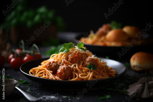 Spaghetty pasta with meatballs and tomato sauce selective focus
