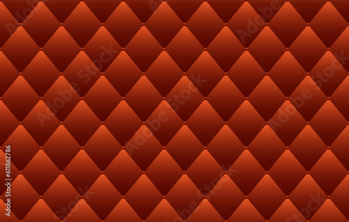 Red padded upholstery leather texture background. Rhombuses and bead knobs seamless pattern. Vector illustration.