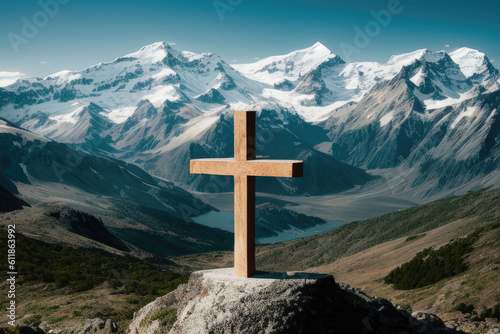 cross on the top of mountain, blue mountain background, generative ai
