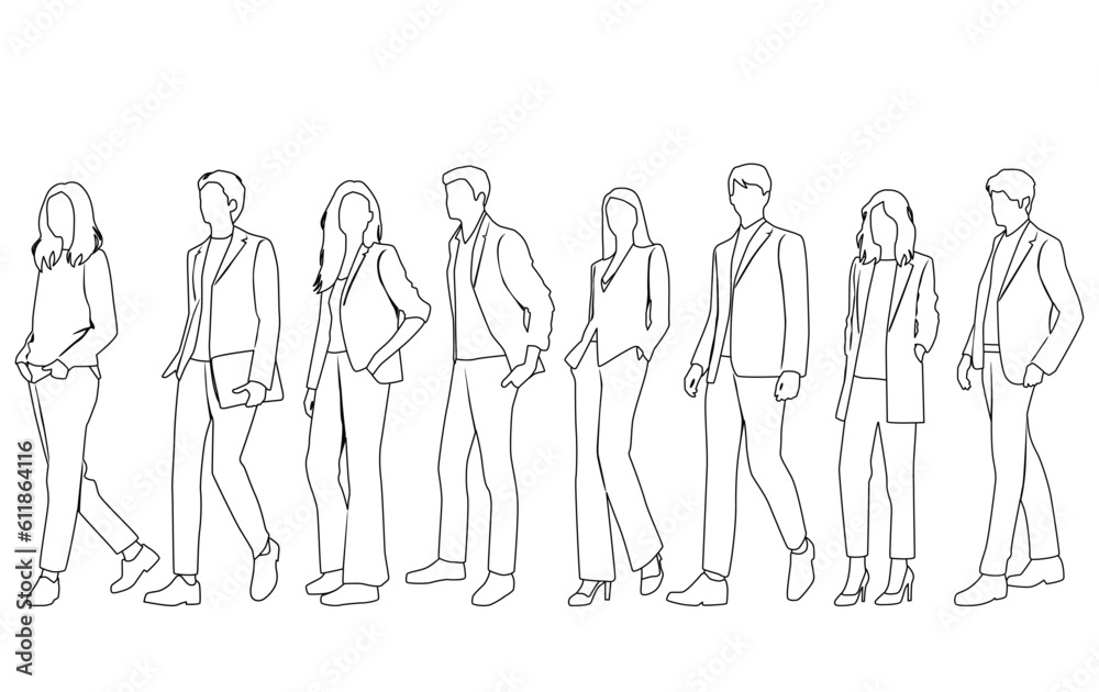 Vector silhouettes of men and a women, a group of standing business people, linear sketch, black and white color isolated on white background Vector silhouettes of men and a women, a group of standing business people, linear sketch, black and white color isolated on white background