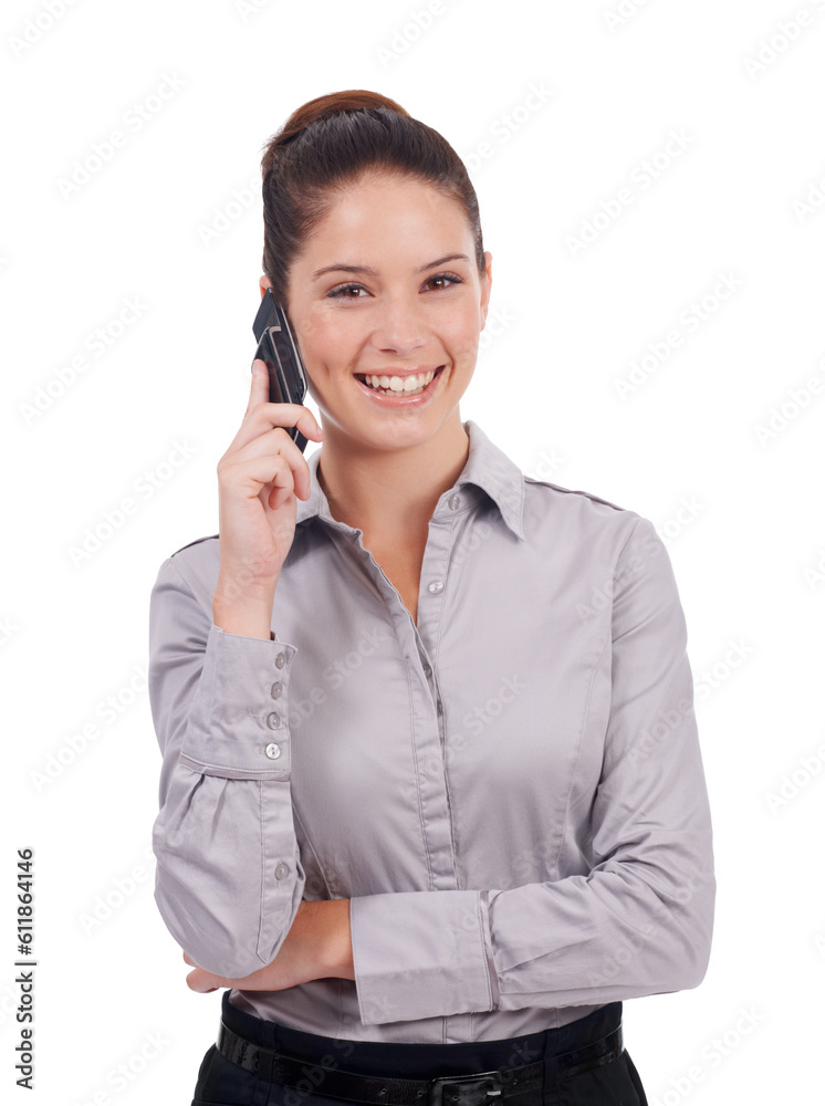 Phone call, studio portrait and happy woman on business conversation, discussion or networking with corporate contact. Communication, happiness and talking female person isolated on white background Phone call, studio portrait and happy woman on business conversation, discussion or networking with corporate contact. Communication, happiness and talking female person isolated on white background