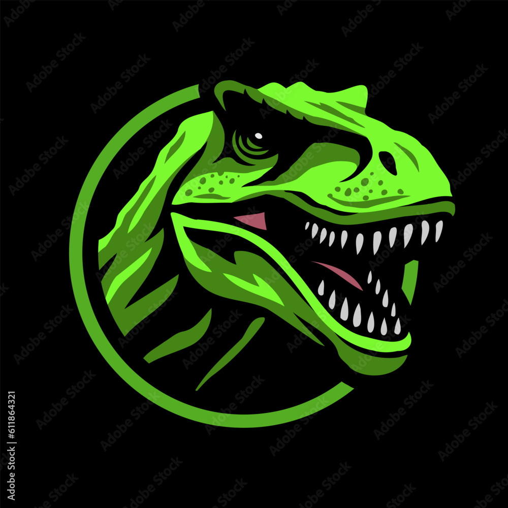 Roaring tyrannosaurus. T-rex Logo emblem on a dark background. Vector illustration.