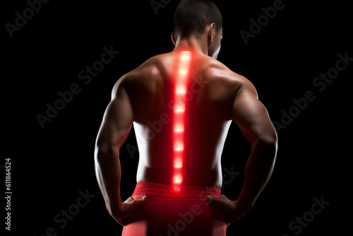 Studio shot of an athlete with an injury highlighted in glowing red rear view © alisaaa