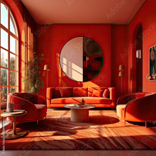an orange and red living room art deco interior design has a blank portrait vray luminous colors