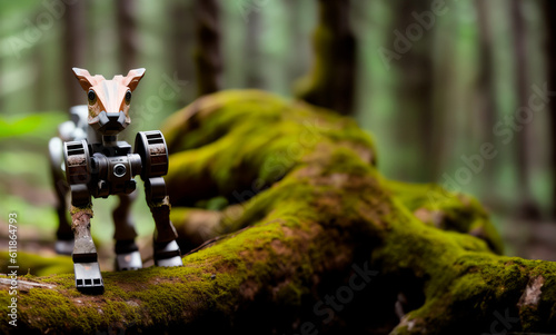 Worn out robot wandering through a forest (ID: 611864793)