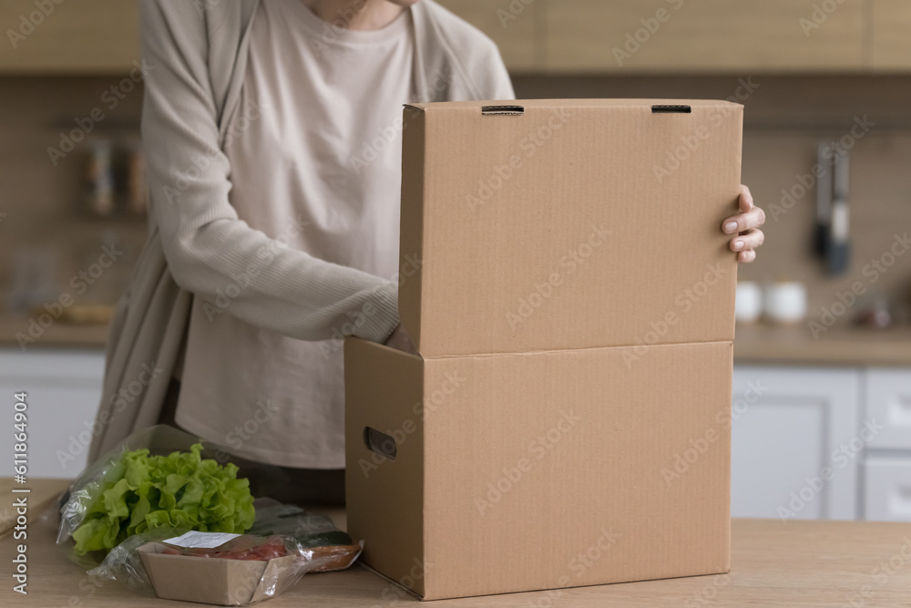 Cropped shot of woman producing packed fresh vegetables from cardboard box, receiving parcel from supermarket customer logistic service, opening paper container, preparing dinner Cropped shot of woman producing packed fresh vegetables from cardboard box, receiving parcel from supermarket customer logistic service, opening paper container, preparing dinner