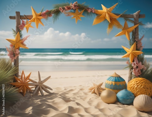 summer beautiful beach decoration background template illustration. banner, wallpaper, copy space. generative ai