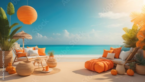 summer beautiful beach decoration background template illustration. banner, wallpaper, copy space. generative ai