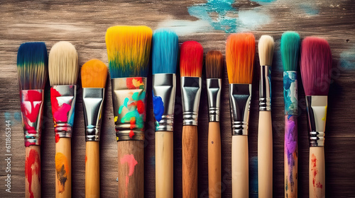 Vibrant Creativity Closeup of Artist Paintbrushes on an Artistic Wooden Background with Colorful Paints. created with Generative AI
