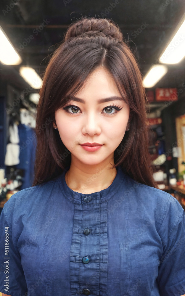 beautiful woman wearing Traditional Thai blue shirt with short sleeves (Morhom) , generative AI