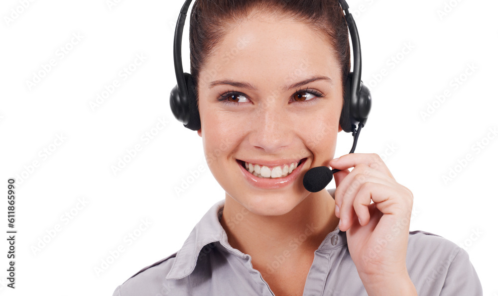 Customer service face, call center studio and happy woman on business chat, discussion or telemarketing sales pitch. Female consultant, communication and tech support consulting on white background Customer service face, call center studio and happy woman on business chat, discussion or telemarketing sales pitch. Female consultant, communication and tech support consulting on white background