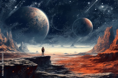 Man astronaut in a spacesuit on the surface of the planet in outer space. Ai Generative AI