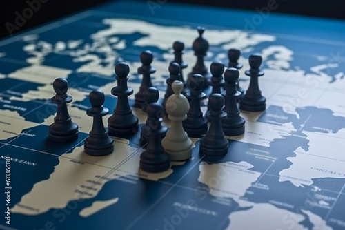 symbol of geopolitics in the world with chess pieces on world map