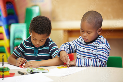 Foto Drawing, art and children in class for learning, studying or education at kindergarten