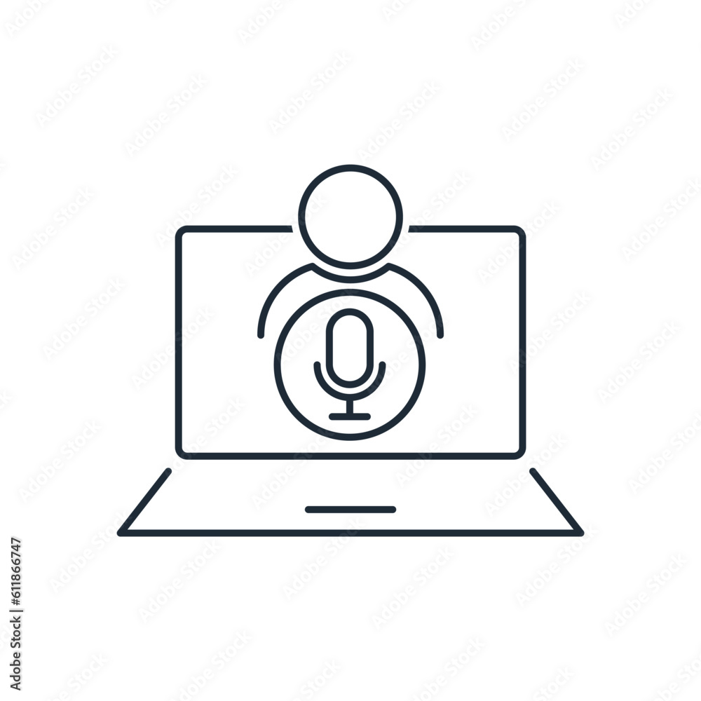 Speech of a person from the monitor screen.Vector linear icon isolated on white background. Speech of a person from the monitor screen.Vector linear icon isolated on white background.