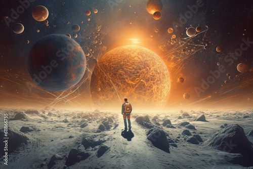 Man astronaut in a spacesuit on the surface of the planet in outer space. Ai Generative AI