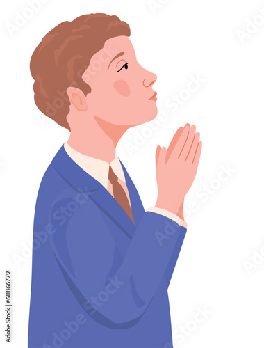 A boy in a smart suit for the first communion. Vector. The child is ready to receive the sacrament of the Eucharist. A young Catholic prays before the sacred sacrament of communion.