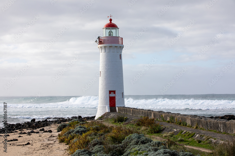 Port Fairy lighthouse (built 1859) on Griffiths Island, Victoria, Australia.	