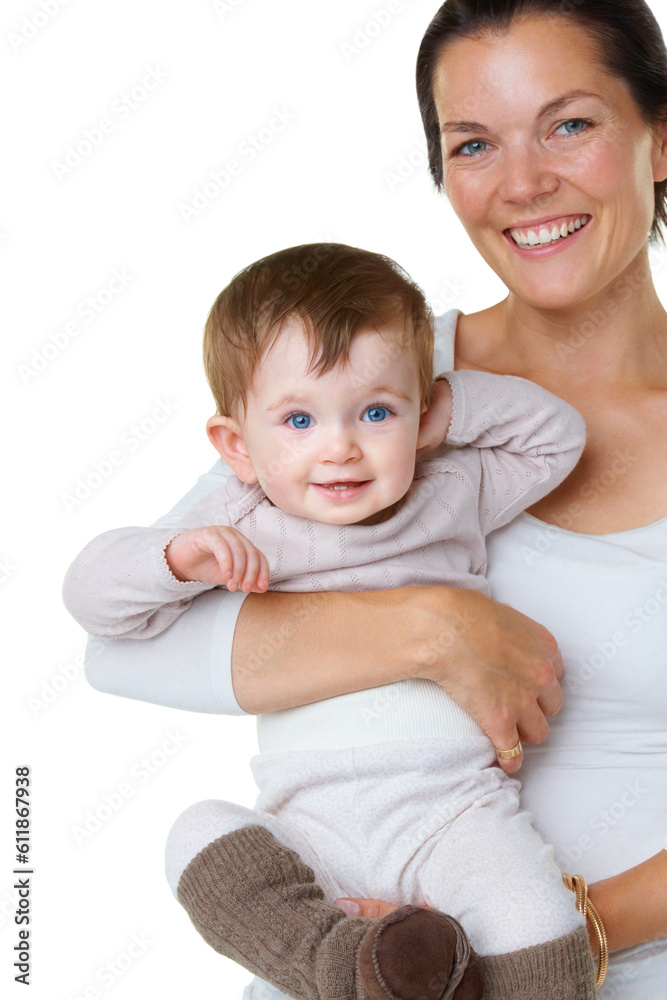 Portrait, hug and mother with baby in studio with love, smile and care against white background. Happy, face and woman embracing boy child, play and enjoy bond, relationship and parenthood together