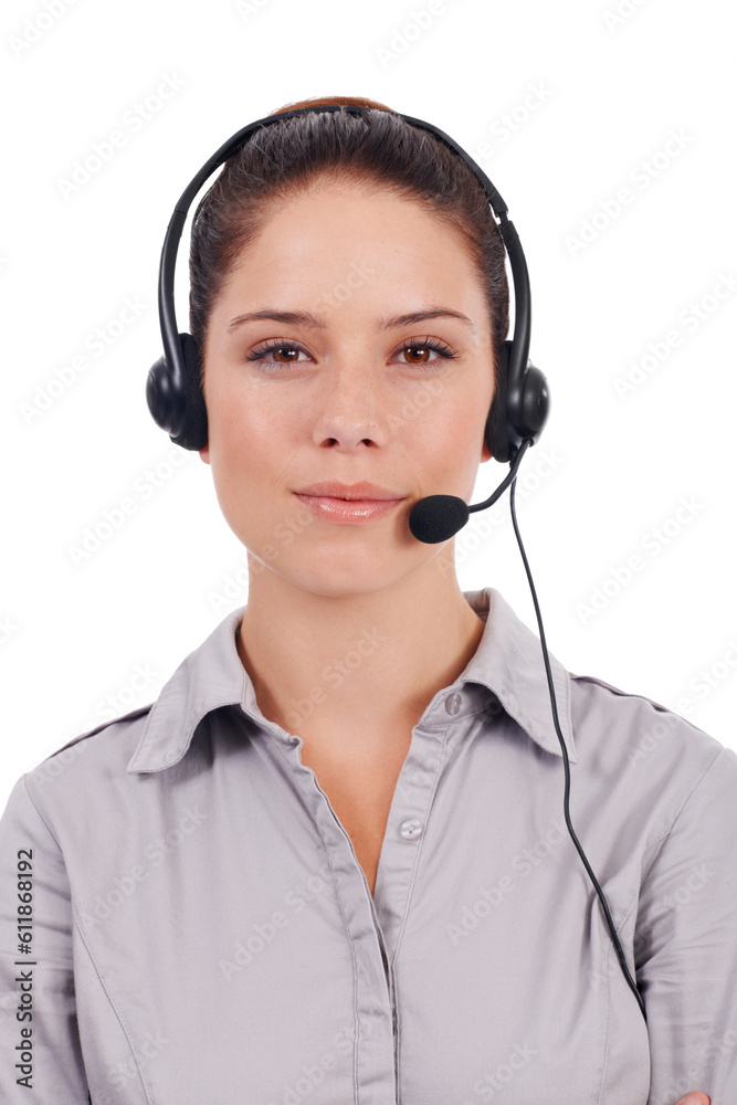 Customer service portrait, call center studio and woman on business chat, telecom mic or telemarketing communication. Female consultant, profile picture or tech support consulting on white background Customer service portrait, call center studio and woman on business chat, telecom mic or telemarketing communication. Female consultant, profile picture or tech support consulting on white background