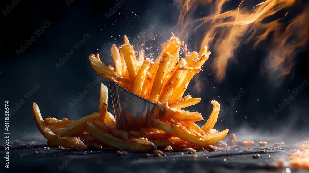 French fries with flames and smoke on a black background. generative Ai