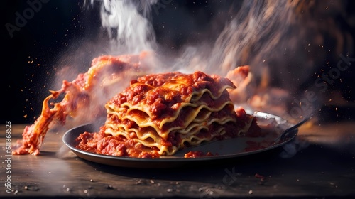lasagna on a plate with flames on the background. generative Ai art illustration