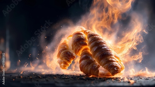 Croissant with flames and smoke on a black background. generative Ai art illustration
