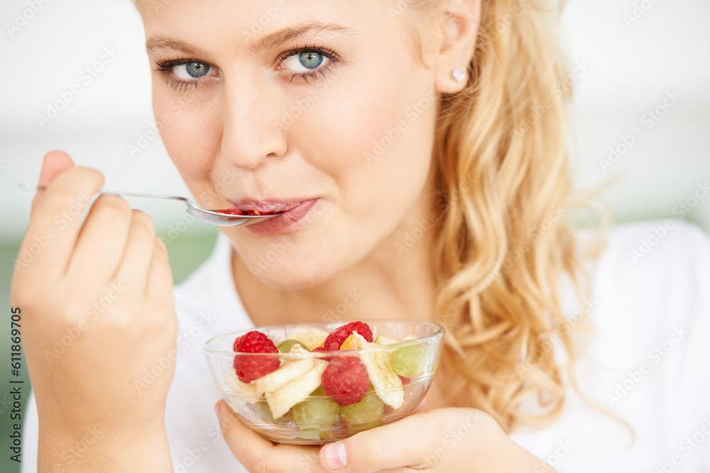 Fruits, bowl and portrait of eating woman with healthy lunch or breakfast meal or diet in the morning at home. Nutrition, health and vegan person smile and happy for salad, food and self care Fruits, bowl and portrait of eating woman with healthy lunch or breakfast meal or diet in the morning at home. Nutrition, health and vegan person smile and happy for salad, food and self care