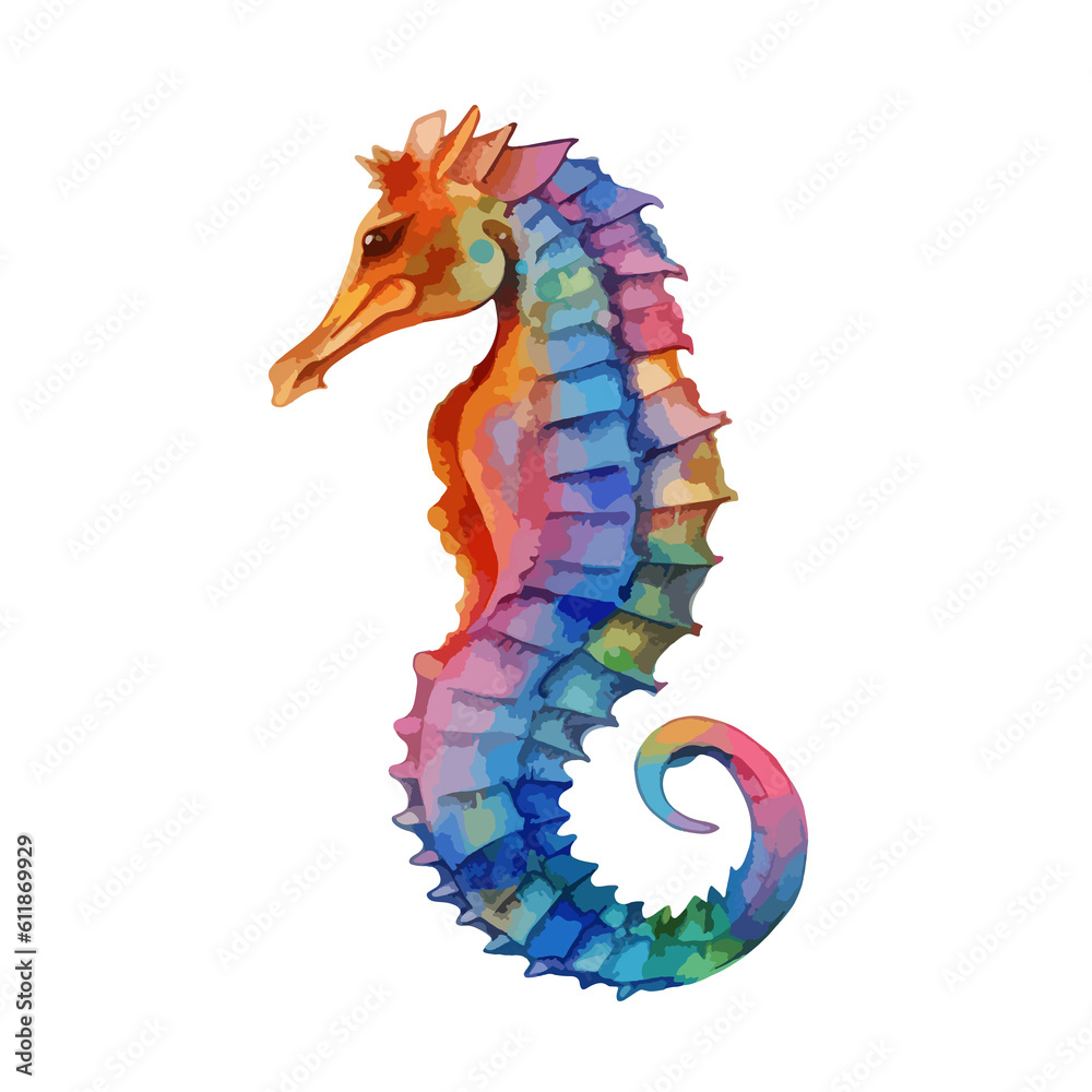 Watercolour seahorse,  illustration. This seahorse is painted in watercolour on an isolated background. For printing on print, logo, icon, books, t-shirts
