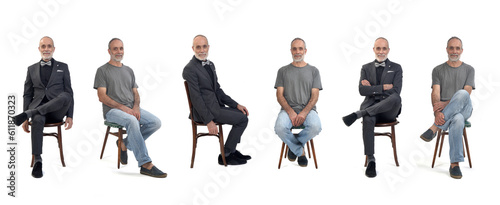 Fotografie the same middle aged man seated in profile and frontal dressed in a suit and jea
