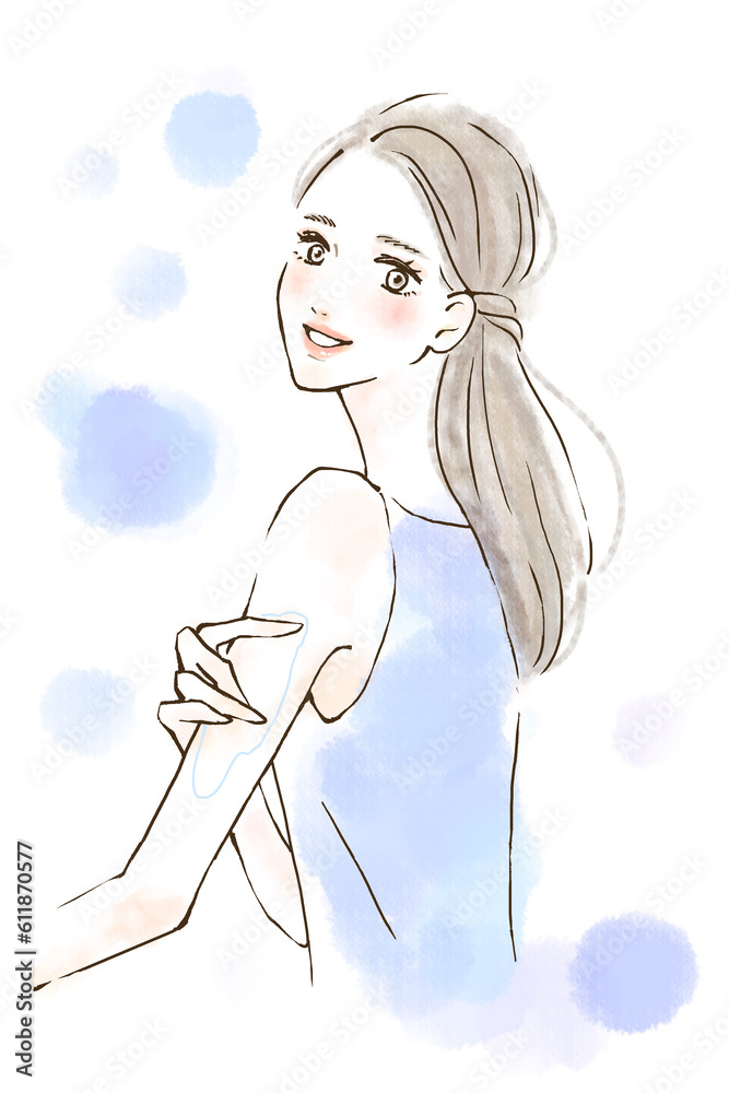 腕に日焼け止めを塗る女性のイラスト ブルー