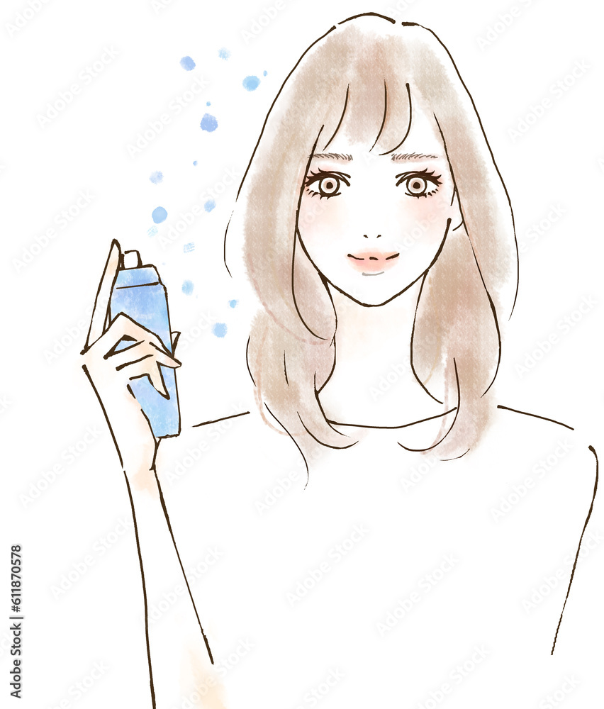 ミストタイプの化粧水をつける女性のイラスト