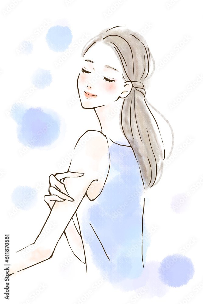 ダイエット成功 右腕を触る女性のイラスト 水彩風