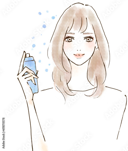 Obraz na płótnie ミストタイプの化粧水をつける女性のイラスト w salonie